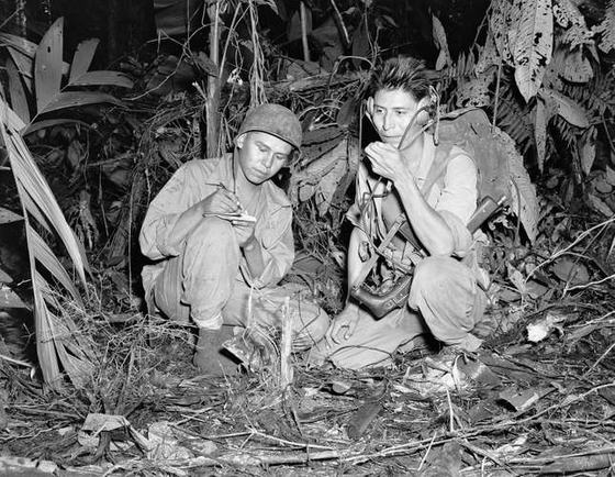 Navajo code talker troops photographed during World War II. [UNITED STATES MARINE CORPS]