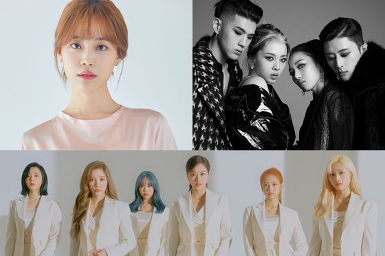 The hosts of the reality program "Burn Up: Billboard Challenge" will be, from top left, Hur Young-ji of the former girl group KARA, mixed-gender group KARD, and girl group April. [DSP MEDIA]