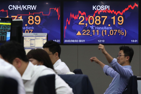 The final Kospi is displayed on the screen inside a dealing room in Hana bank, Jung District, central Seoul, Tuesday. [NEWS1]