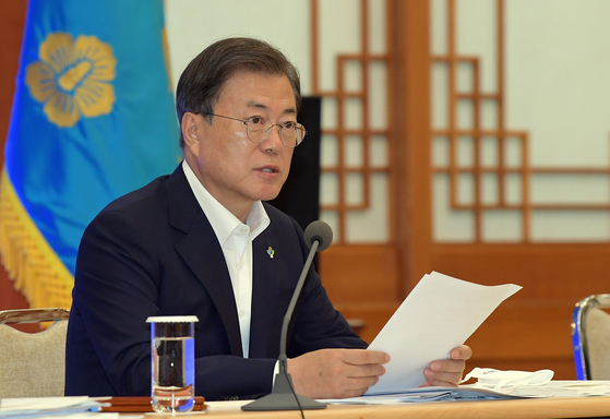  President Moon Jae-in makes remarks before presiding over the sixth emergency economic meeting in the Blue House earlier this week. [JOINT PRESS CORPS]