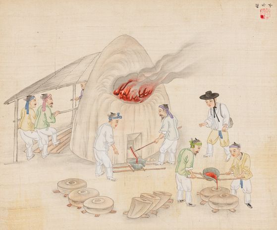 A blacksmith workshop in Korea in the 19th century, depicted by Kim. [Museum at the Rothenbaum — Cultures and Arts of the World]