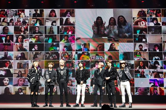 Boy band SuperM performs during the "Beyond LIVE" concert on April 26. [SM ENTERTAINMENT]
