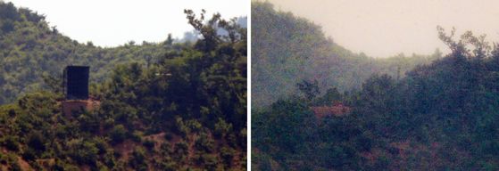 North Korea removed propaganda loudspeakers installed in the demilitarized zone (DMZ) on Wednesday, as shown on the right, just two days after setting them up on Monday afternoon. [YONHAP]