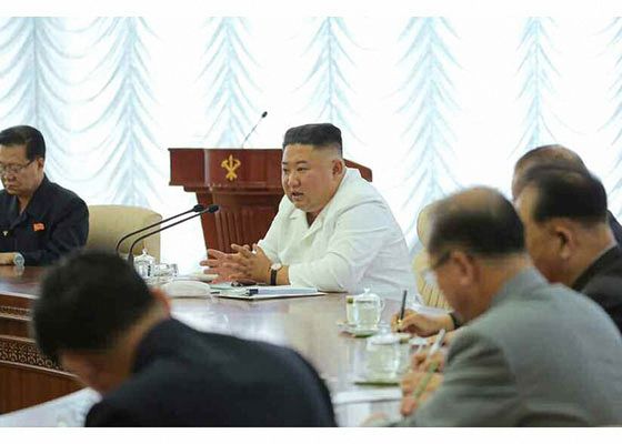 North Korean leader Kim Jong-un presides over a political bureau meeting of the ruling Workers' Party Central Committee last month in a photo released by state media. [YONHAP]