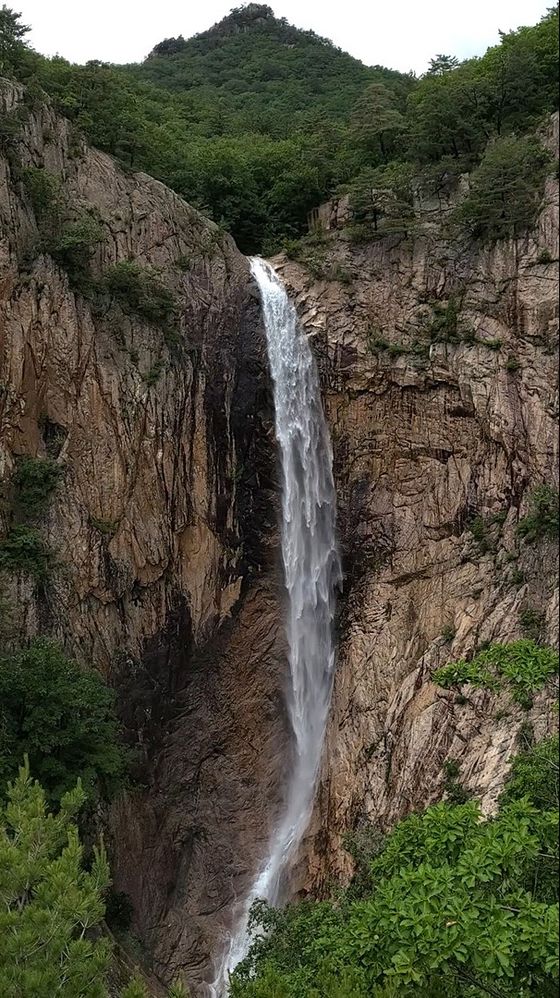 Water falls in the Daeseung Cascade on Mount Seorak in Gangwon on Wednesday, following a rain storm. As there is no reservoir for water above the cliff, the waterfall only appears after heavy rains. [YONHAP]