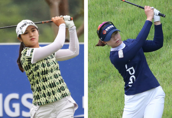 Park Hyun-kyung, left, and Lim Hee-jeong watch their shots during the second round of the IS Dongseo Busan Open at Stone Gate Country Club in Gijang, Busan on Sunday. [YONHAP, KLPGA]