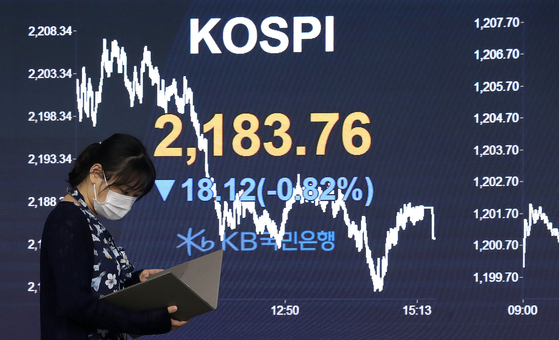 The final Kospi figure is displayed on a screen in a dealing room of KB Kookmin bank in the financial district of Yeouido, western Seoul, Thursday. [NEWS1]