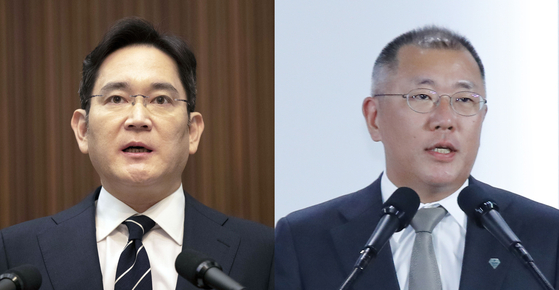 From left: Samsung Electronics Vice Chairman Lee Jae-yong and Hyundai Motor Executive Vice Chairman Euisun Chung. [YONHAP]