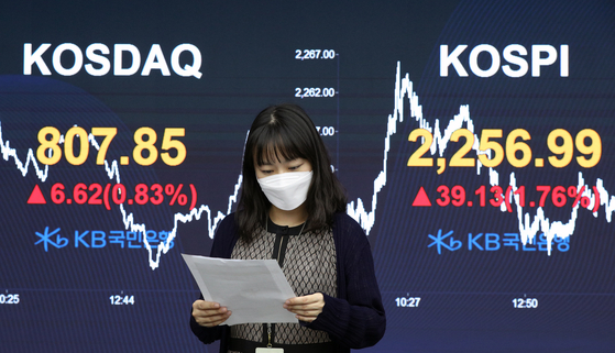 The final Kospi figure is displayed on a screen in a dealing room at KB Kookmin bank in the financial district of Yeouido, western Seoul, on Tuesday. [NEWS1]
