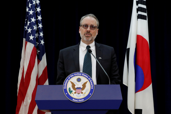 James DeHart, newly appointed as the U.S. State Department’s senior adviser for Arctic affairs, speaks at the U.S. Embassy after walking out of Special Measures Agreement (SMA) talks in Seoul on Nov. 19, 2019. [REUTERS/YONHAP] 