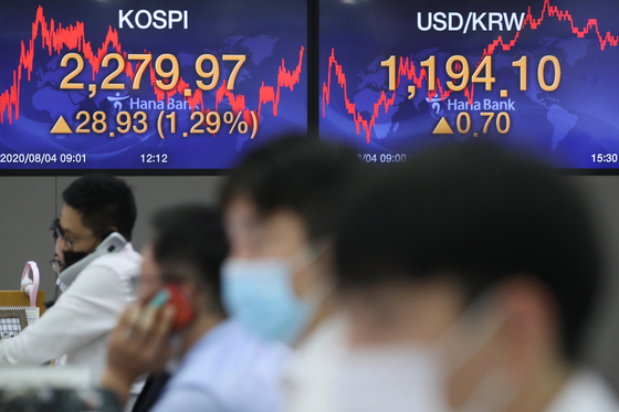 A screen shows the closing figures for the Kospi at a trading room at Hana Bank in Jung District, central Seoul, on Tuesday. [YONHAP]