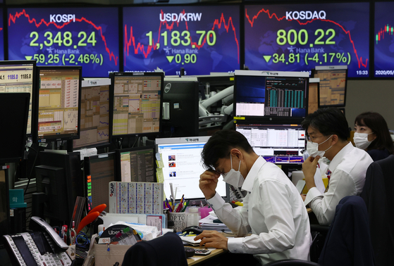 A sign at Hana Bank in central Seoul on Tuesday shows the Kospi closing 59.25 points lower than Friday’s close, a 2.46 percent drop. It is the biggest decline since June 15, when the benchmark Kospi lost 101.48 points, or 4.76 percent, as the resurgence of the novel coronavirus scared retail investors, who unloaded shares. [YONHAP]