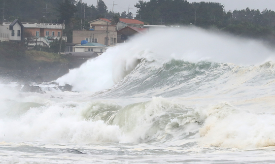 Fierce waves batter the coast of Jeju at Seogwipo on Wednesday, as Typhoon Maysak makes its way north toward the island before its projected landfall near Busan in the evening. [YONHAP]