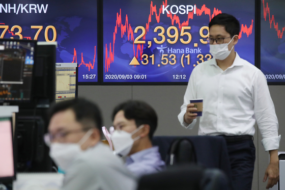 A screen shows the closing figure for the Kospi in a trading room at Hana Bank in Jung District, central Seoul, on Thursday. [YONHAP] 