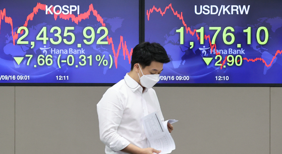 A screen shows the closing stats for the Kospi in a trading room at Hana Bank in Jung District, central Seoul, Wednesday. [YONHAP]