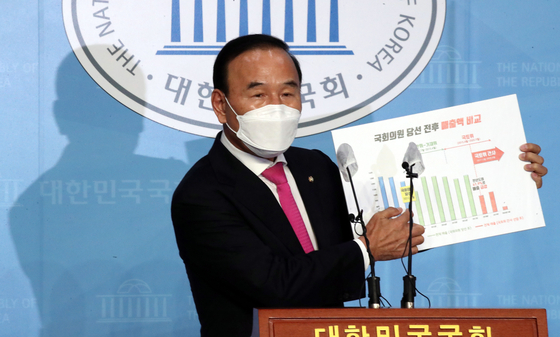 Rep. Park Duk-hyum of the People Power Party holds a press conference to deny allegations that his family businesses were awarded government construction contracts while he was serving on the Land, Infrastructure and Transport Committee. [YONHAP] 