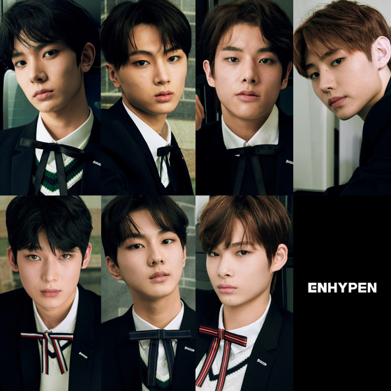 Seven members of Enhypen, clockwise from top left: Heeseung, Jay, Jake, Sunghoon, Niki, Jungwon and Sunoo. [BELIFT LAB]