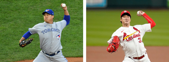Ryu Hyun-jin of the Toronto Blue Jays, left, and Kim Kwang-hyun of the St. Louis Cardinals will both start in Wild Card Series games on Wednesday. [AP/YONHAP]