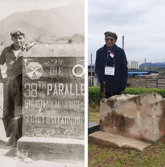 Hapi October, Kiwi veteran of the Korean War (1950-1953), in a photo taken in Korea near the border in 1952, left, and at the same location in 2019 during his revisit. [HAPI OCTOBER]