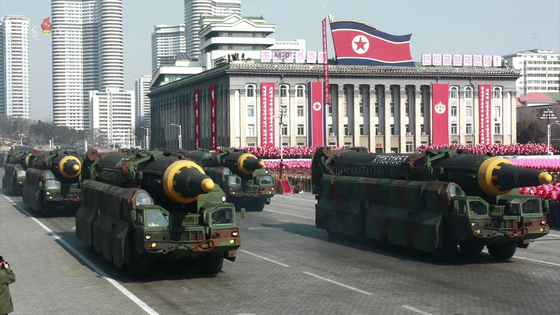 North Korean missiles displayed at a military parade in Feb. 8, 2018, on the 70th anniversary of the country's armed forces. [YONHAP]