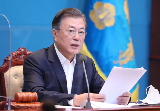 President Moon Jae-in presides over a cabinet meeting on Tuesday. [YONHAP] 