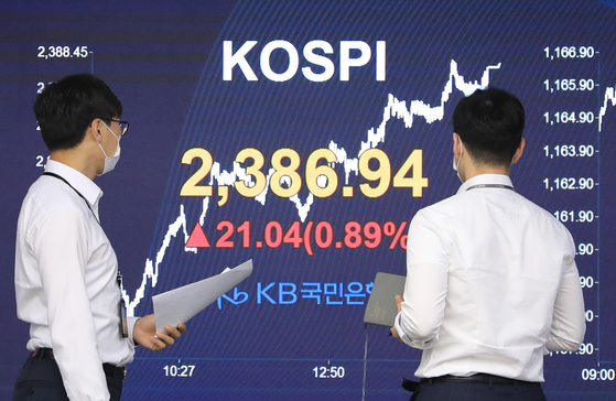 A screen shows the closing figure for the Kospi in a dealing room at KB Kookmin Bank in the financial district of Yeouido, western Seoul, on Wednesday. [NEWS 1]