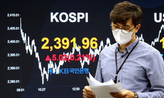 A screen shows the closing figure for the Kospi in a dealing room at KB Kookmin Bank in the financial district of Yeouido, western Seoul, on Thursday. [NEWS 1]