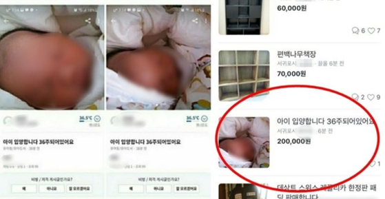 A screenshot of a controversial listing posted by a woman in Jeju offering to put her child up for adoption in exchange for 200,000 won on the e-commerce application Danggeun Market on Friday. [SCREEN CAPTURE]