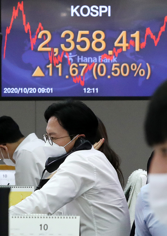 A screen shows the closing figure for the Kospi in a trading room at Hana Bank in Jung District, central Seoul, on Tuesday. [NEWS 1]
