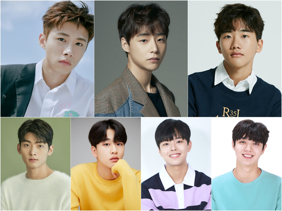 The lineup of actors to be featured in the drama "Youth," clockwise from top left: Seo Ji-hun as Kim Seok-jin, Ro Jong-hyun as Min Yoon-gi, An Ji-ho as Jung Ho-seok, Seo Young-ju as Kim Nam-joon, Kim Yun-woo as Park Ji-min, Jung Woo-jin as Kim Tae-hyung and Jeon Jin-seo as Jeon Jung-kook. [EACH AGENCY]