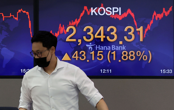 A screen shows the closing figure for the Kospi in a trading room in Hana Bank in Jung District, central Seoul, on Tuesday. [YONHAP]