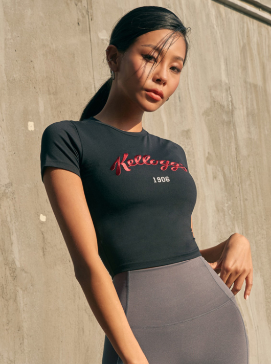 A Xexymix model wears a T-shirt from the activewear brand's collaboration with Kellogg’s Korea. [XEXYMIX]