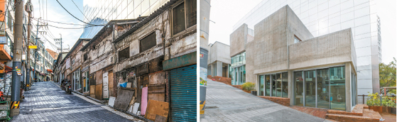 Jungnim Changgo in Jungnim-dong, before and after renovation. The building is one of eight so-called ’anchor facilities“ near Seoul Station, where nearby residents gather to socialize and participate in cultural activities sponsored by the Seoul Metropolitan Government. [URBAN REGENERATION CENTER OF THE SEOUL METROPOLITAN GOVERNMENT]