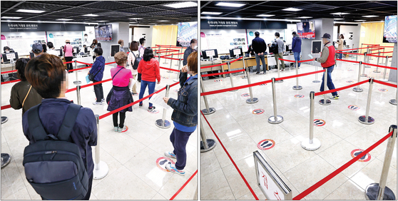 Left: People line up to get flu shots at a health clinic in Gangseo District, western Seoul, on Tuesday. Right: A day later, the same clinic is almost empty on Wednesday following several people dying after taking flu shots. [YONHAP]