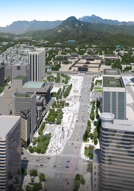An artist's rendition of Gwanghwamun Square in central Seoul after renovations with a larger plaza and fewer lanes of traffic. [YONHAP]
