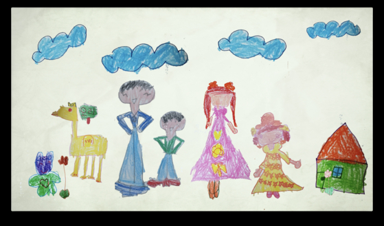 A picture which director Lee drew as a child: Boys with short hair wear pants and are colored in blue, while girls with long hair wear pink dresses. [STUDIO PADONG] 