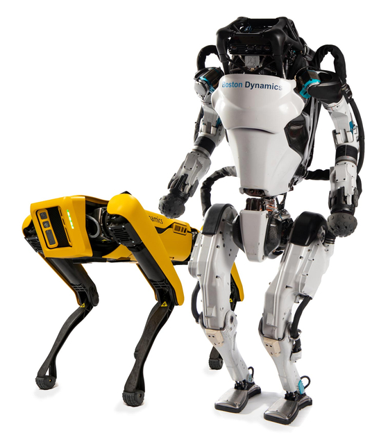 Boston Dynamics' four-legged robot Spot, left and two-legged humanoid robot named Atlas. [HYUNDAI MOTOR]