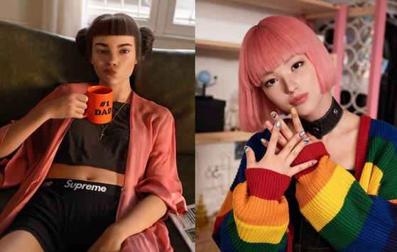 Virtual influencers Lil Miquela, left, and Imma. They have 2.9 million followers and 330,000 followers on Instagram, respectively. [SCREEN CAPTURE]