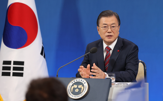 President Moon Jae-in talks at the press conference on Monday. [YONHAP] 