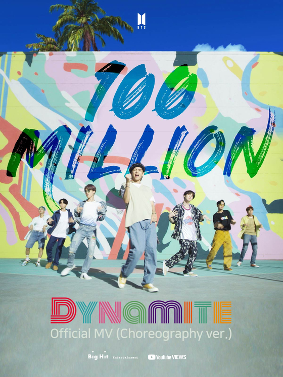 A poster provided by Big Hit Entertainment celebrates that BTS's choreography music video for ″Dynamite″ hitting 100 million views on YouTube. [BIT HIT ENTERTAINMENT]
