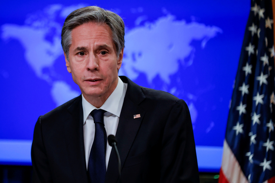 U.S. Secretary of State Antony Blinken speaks to reporters during his first press briefing at the U.S. State Department in Washington on Jan. 27. [REUTERS/YONHAP]