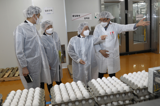 Roh Suk-hwan, second from right, inspects the customs process for imported egg products on Monday at a logistics center in Yeoju, Gyeonggi. The Korean government has removed tariffs on imported egg products last month in an effort to ease a supply shortage caused by the outbreak of bird flu. Due to the shortage, retailers increased prices and limited sales. 
