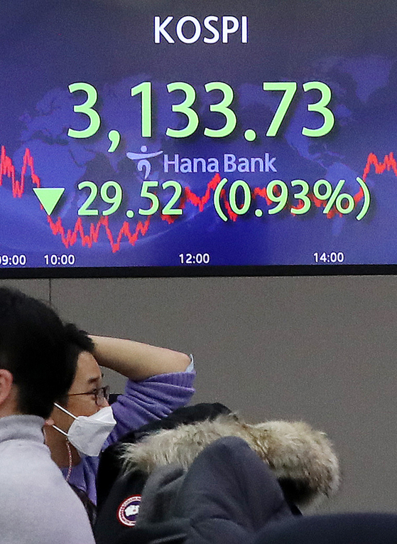 A screen in a dealing room in Hana Bank in Jung District, central Seoul, shows the final figure for the Kospi on Wednesday. [NEWS 1]