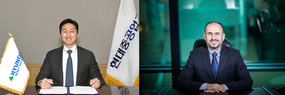 Hyundai Heavy Industries Group Vice President Chung Ki-sun, left, and Ahmad A. Al-Sa'adi, Aramco’s senior vice president of technical services, signed a memorandum of understanding online Wednesday. [HYUNDAI HEAVY INDUSTRIES]