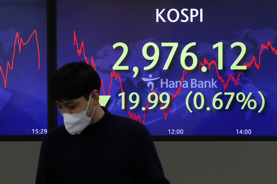 A screen at Hana Bank's trading room in central Seoul shows the Kospi closing at 2,976.12 points on Tuesday, down 19.99 points, or 0.67 percent from the previous trading day. [NEWS1]