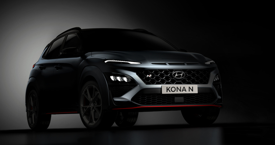 Hyundai Motor’s Kona N, a high-performance version of the compact SUV, is seen in a teaser photo released Wednesday. The Kona N will be the first SUV under Hyundai Motor’s high-performance N brand. [HYUNDAI MOTOR]
