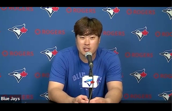 Ryu Hyun-jin speaks during a Zoom interview after a Toronto Blue Jays' intrasquad game on March 11. [YONHAP]