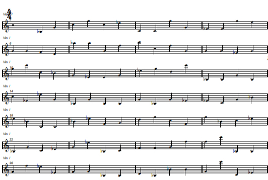 First part of the music score of "Viral Counterpoint of the Coronavirus Spike Protein for solo violin," which violinist Won Hyung-joon performed last year. [LINDENBAUM]