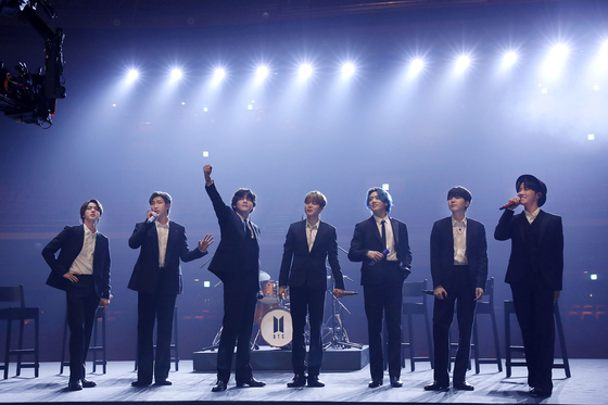 The seven members of BTS perform Grammy-nominated "Dynamite" during an online fundraising concert ″Music on A Mission″ hosted by MusiCares as part of the Grammy Week festivities. [BIG HIT ENTERTAINMENT]