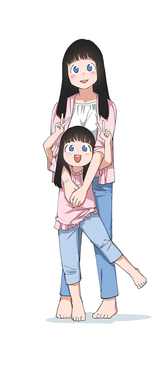 An illustration of Ha-neul and her daughter Chae-hong from Naver Webtoon series ″Teen Mom″ by Thai webtoonist theterm [NAVER WEBTOON]